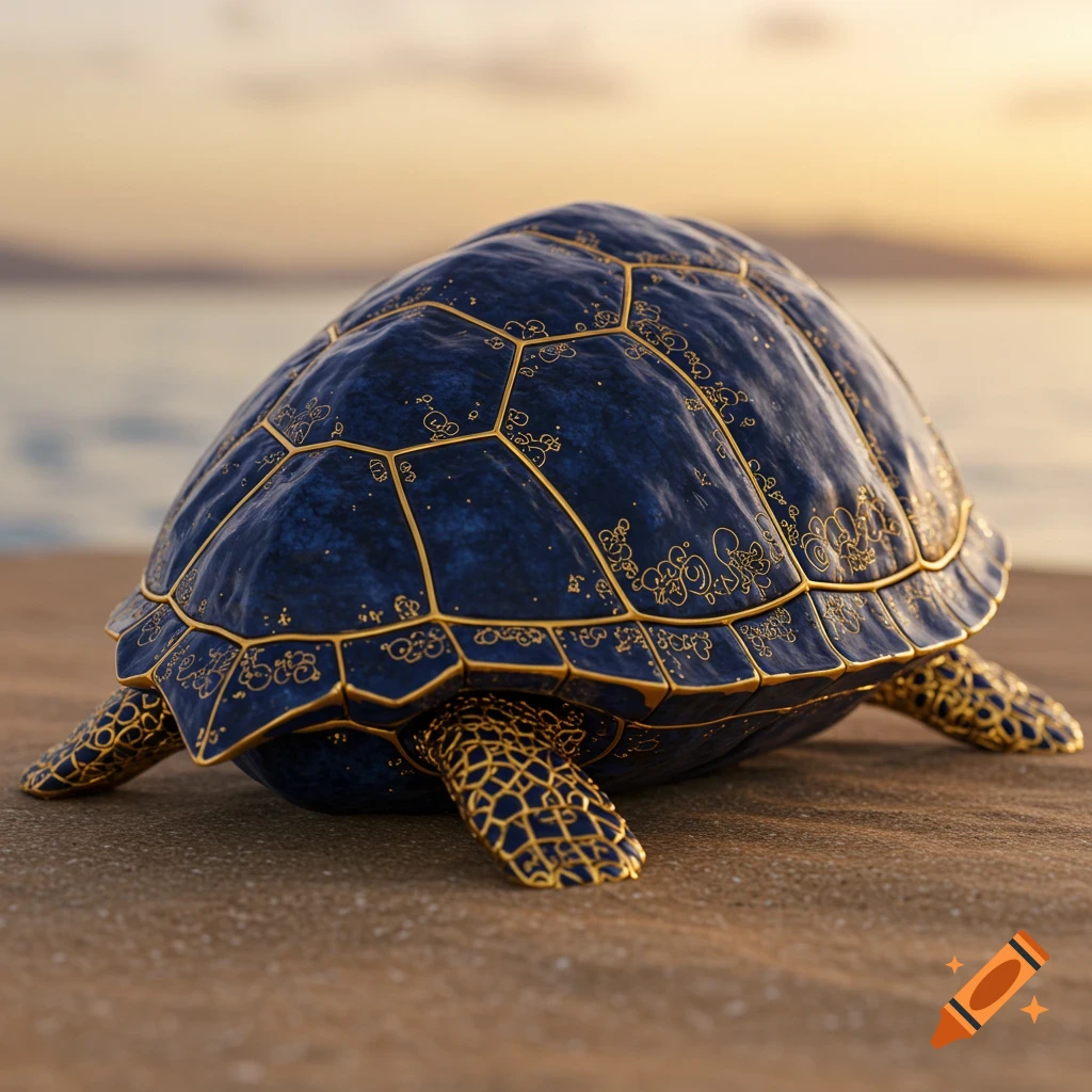 A turtle with a navy blue shell adorned with intricate gold detailing, on a sandy beach at sunset.