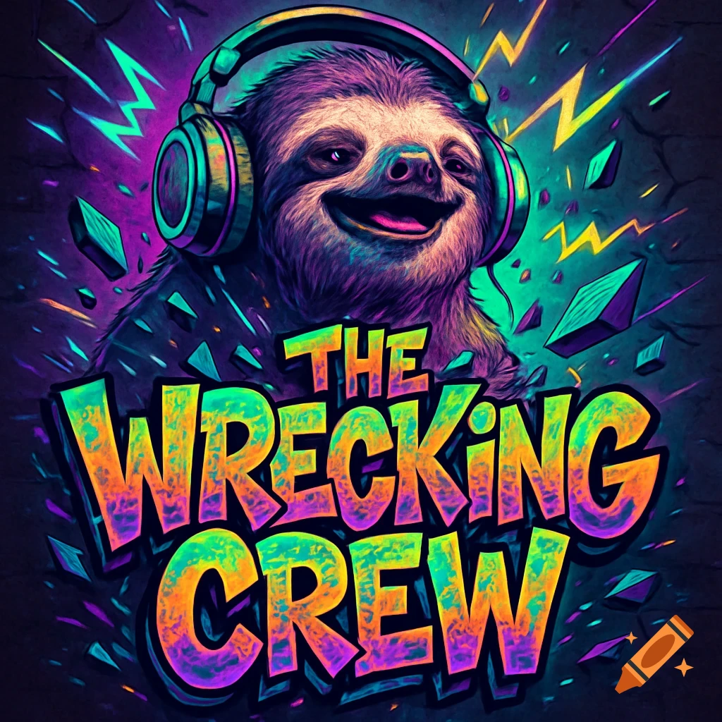 A smiling sloth wearing headphones, surrounded by vibrant neon lightning bolts and shattered shards, with the words 'THE WRECKING CREW' in colorful block letters below.