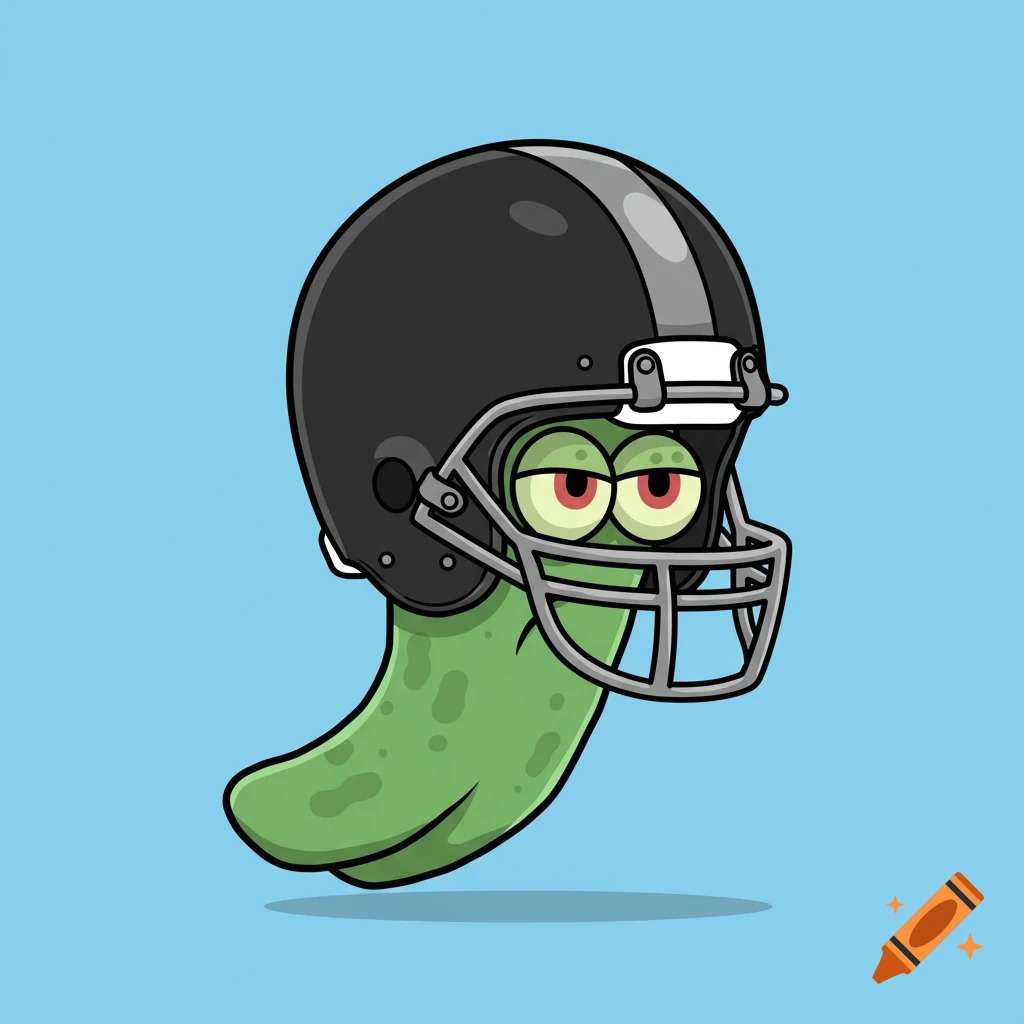A cartoon green character with red eyes wears a black football helmet against a blue background.