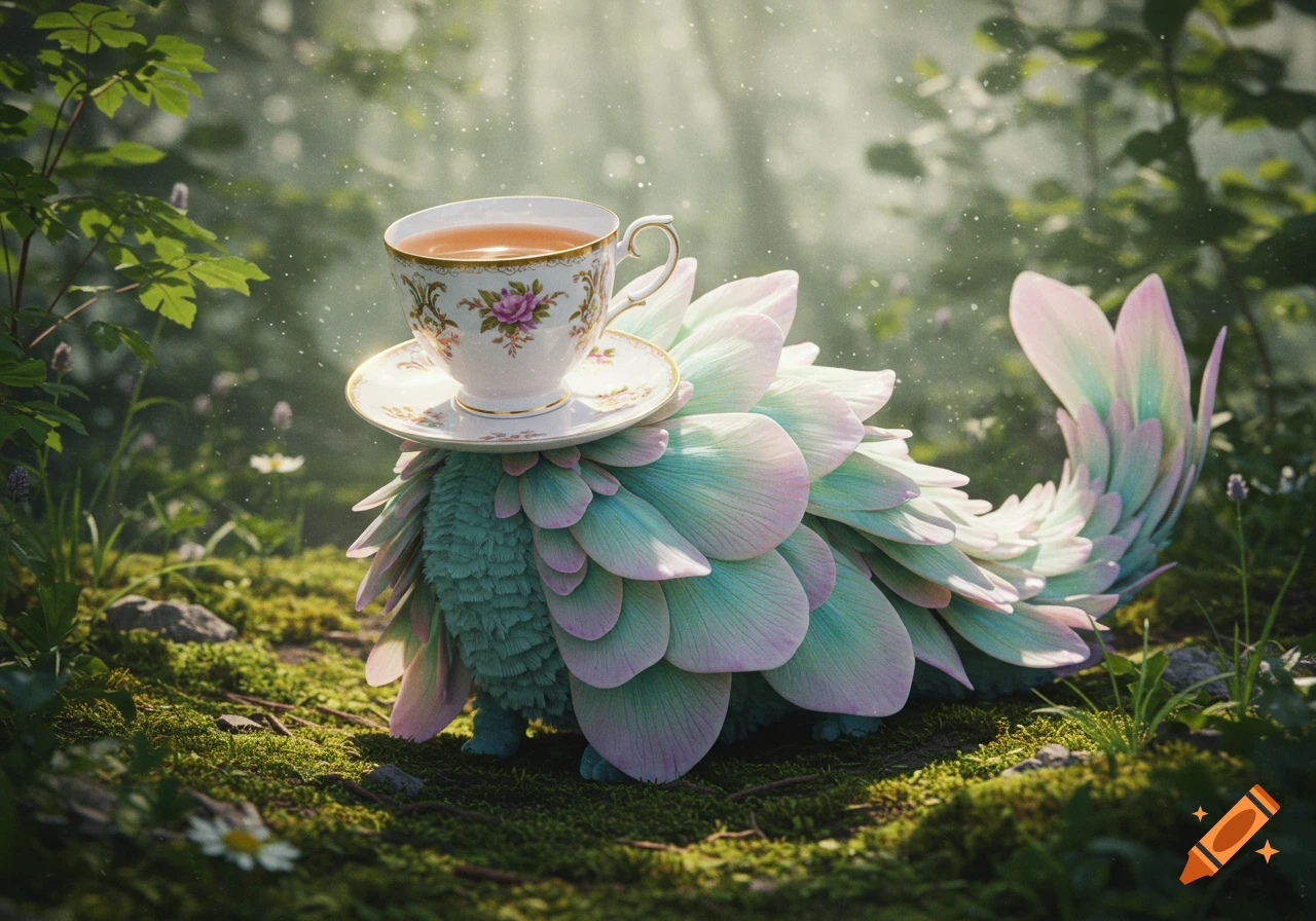 A whimsical, teal and pink leafy creature with a teacup on its head in a magical, sunlit forest.