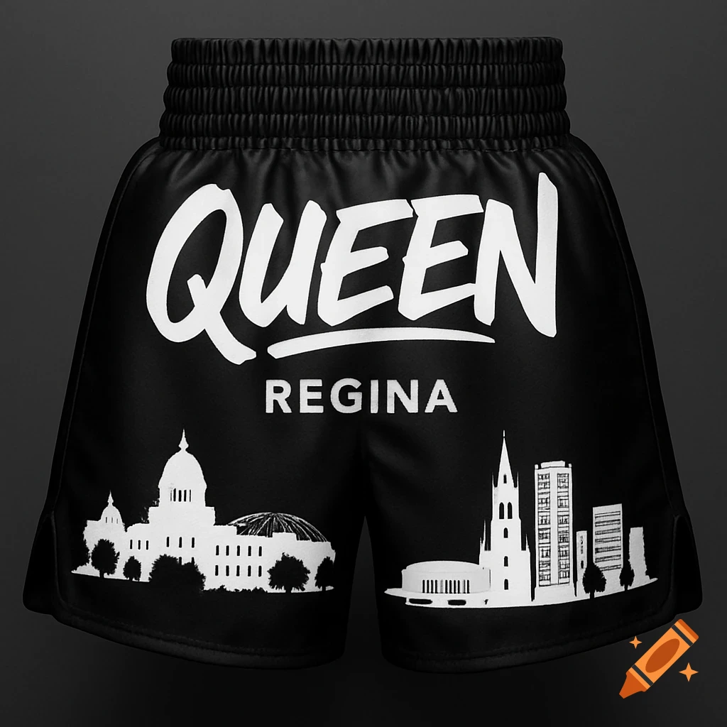 Black boxing shorts with white text 'QUEEN REGINA' and a white silhouette of the Regina, Saskatchewan city skyline.