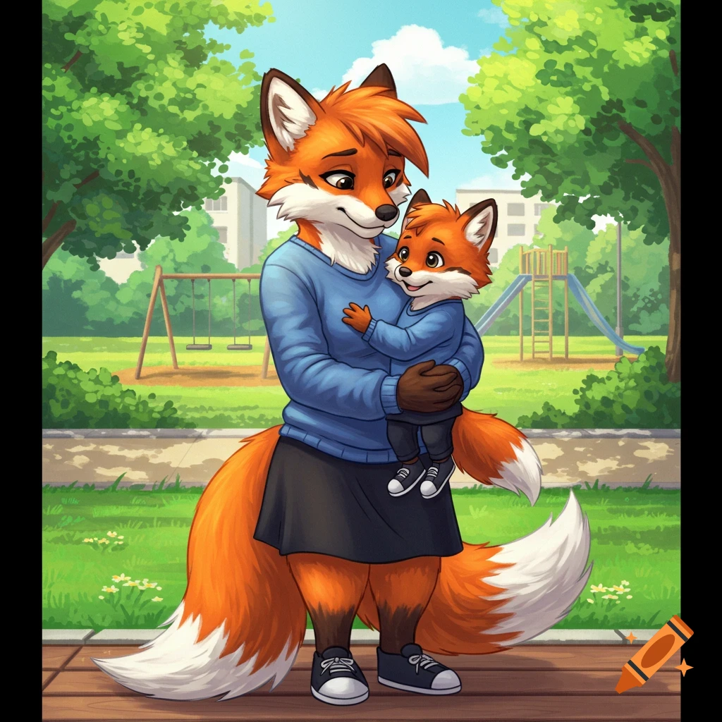 An animated anthropomorphic mother fox in a blue sweater and black skirt holds her small fox son in a blue sweater in a park.