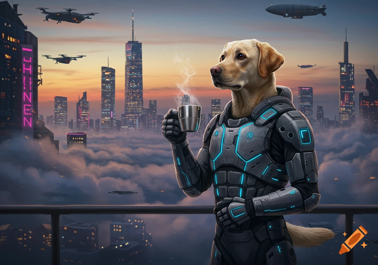 A yellow labrador retriever in futuristic armor drinks coffee on a balcony overlooking a futuristic cityscape shrouded in clouds at sunset.