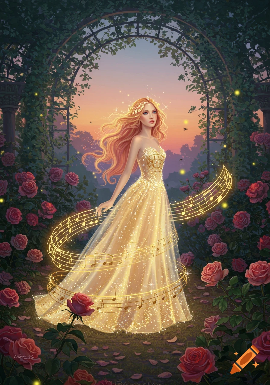 A fairytale-like illustration of a woman with long golden hair wearing a sparkling gold gown, standing in a rose garden with musical notes swirling around her. The background features a sunset sky and a leafy archway.