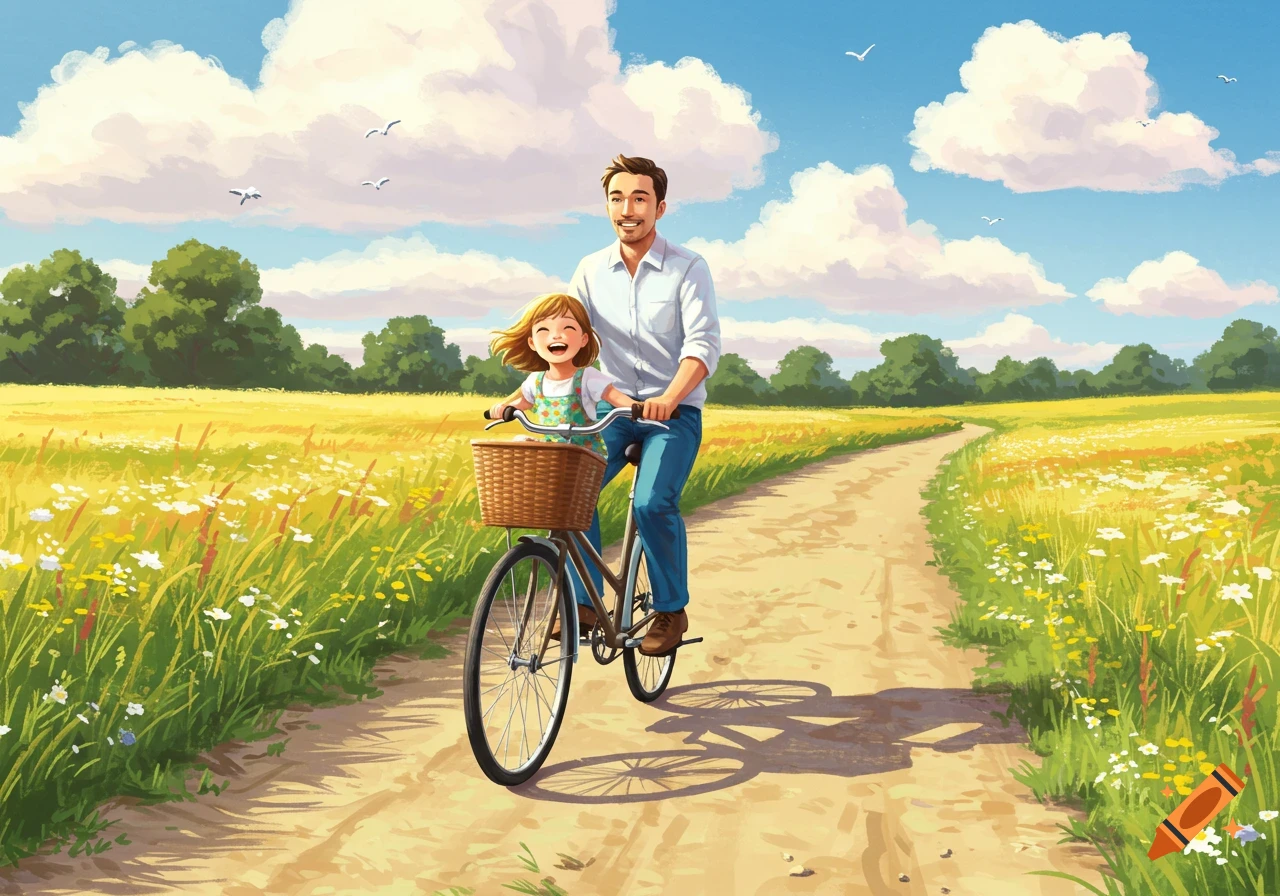 A father and his smiling daughter ride a bicycle together on a dirt path through a field of yellow and green wildflowers under a blue sky with white clouds, in an illustrative style.
