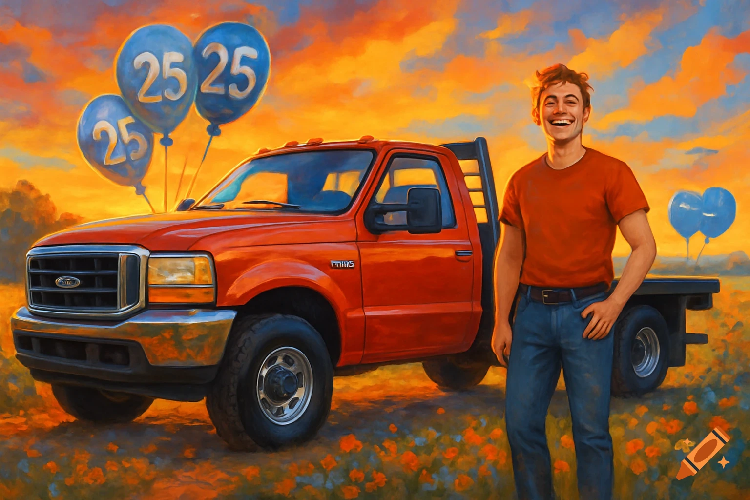 A smiling man stands beside a red flatbed truck with three blue balloons showing '25' in a field at sunset, in a painterly style.