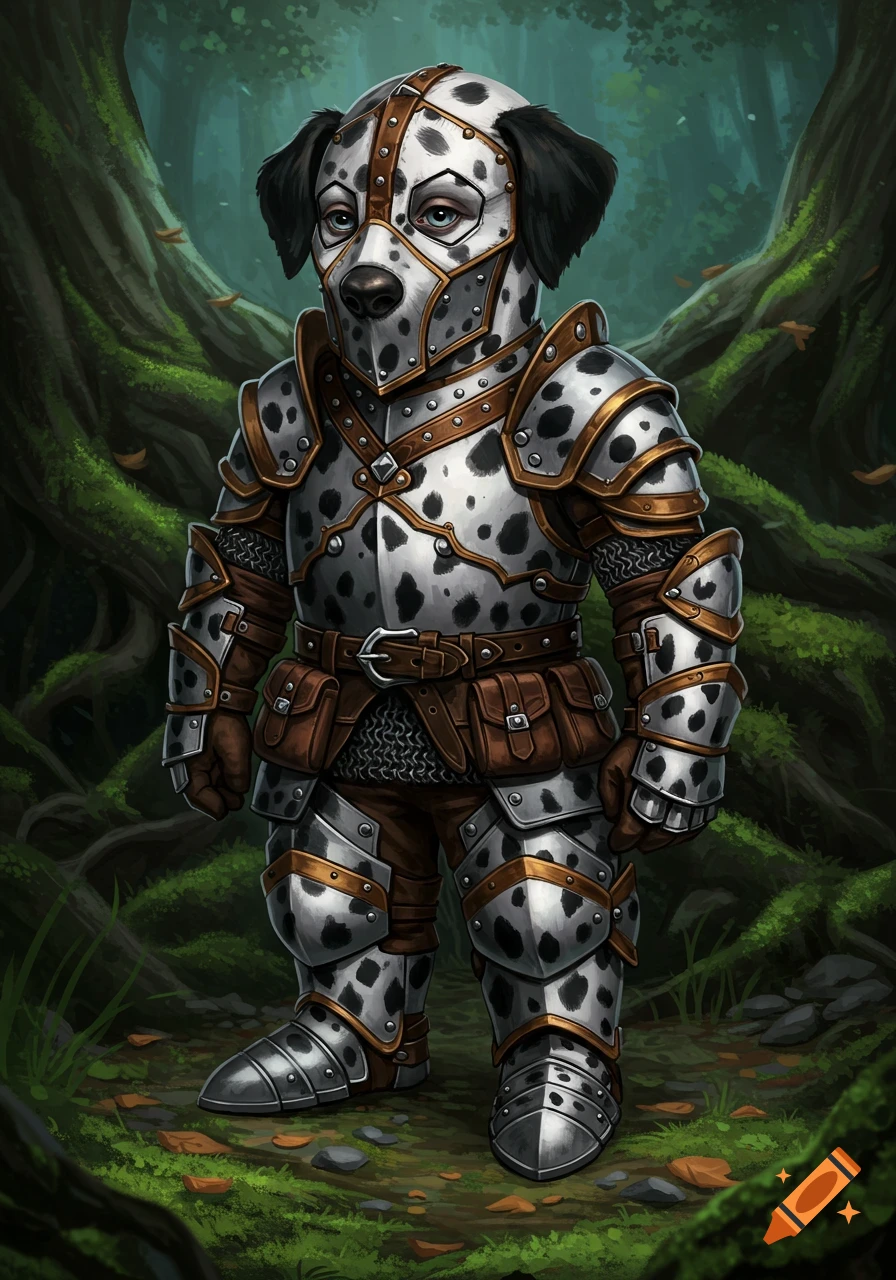 A detailed digital painting of a Dalmatian dog wearing intricate, spotted fantasy armor in a mossy forest.