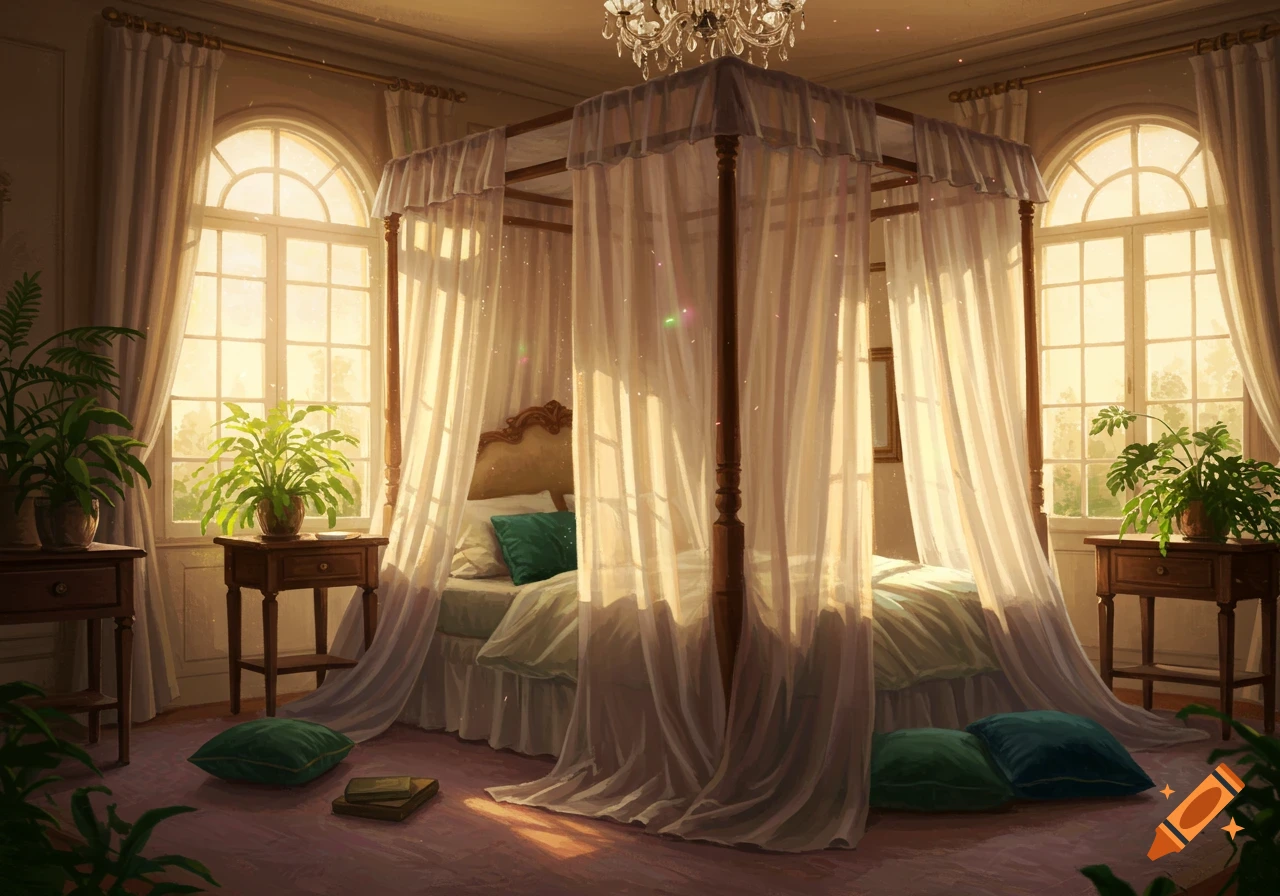 A sunlit bedroom with a canopy bed, large windows with sheer curtains, potted plants, and books on the floor.