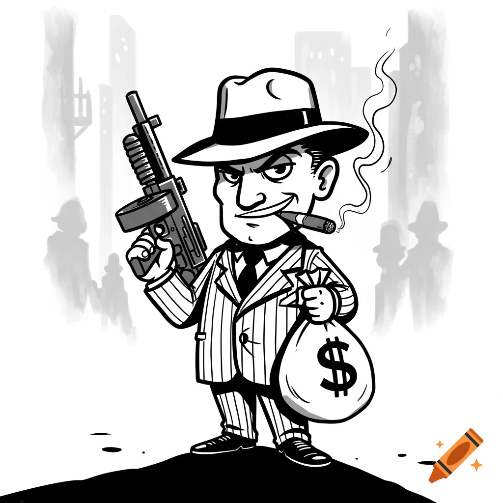 A black and white cartoon gangster in a pinstripe suit and fedora, smoking a cigar, holding a tommy gun and a money bag with a dollar sign.