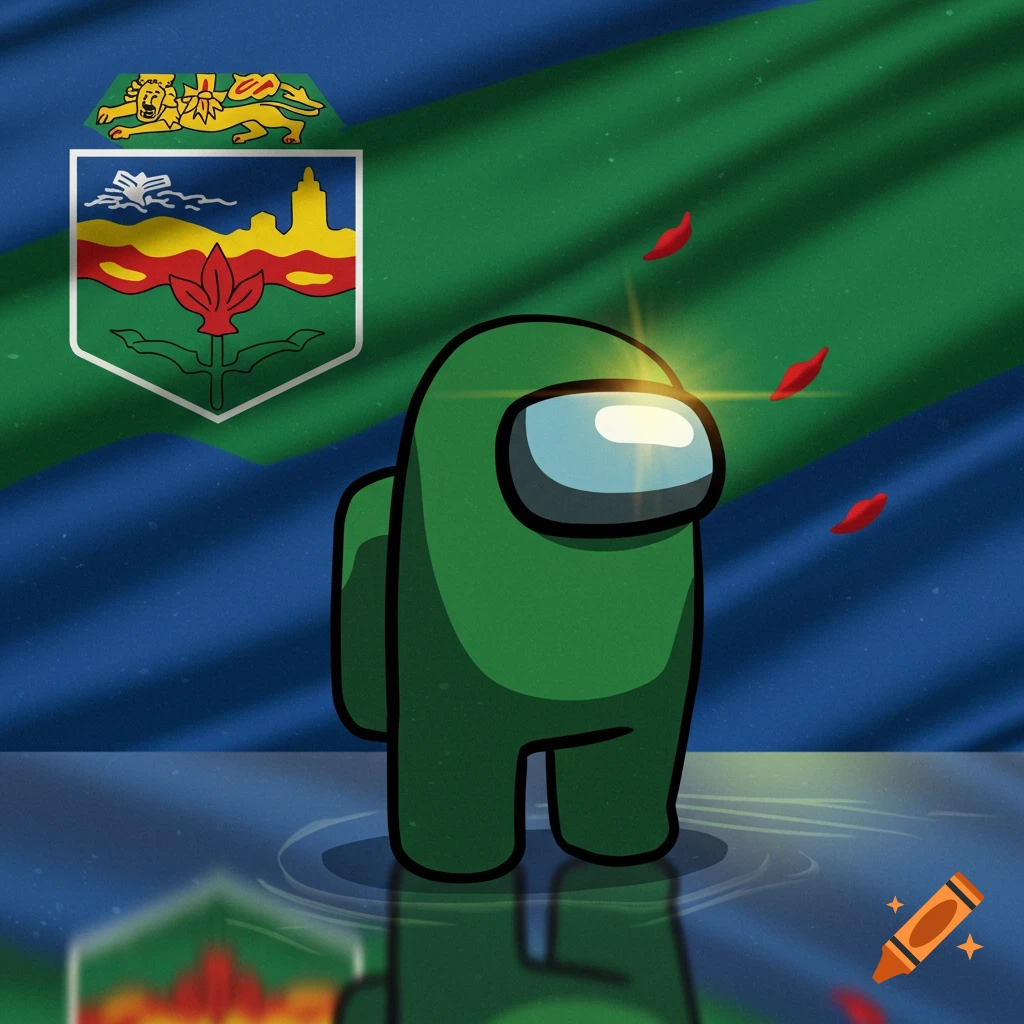 A green Among Us character stands before a Saskatchewan flag with red petals floating and a reflective floor.