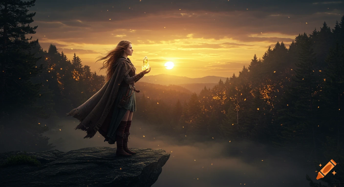 A young woman in a tattered cloak stands on a cliff, holding a glowing crystal, overlooking a mystical forest and mountains at sunset.