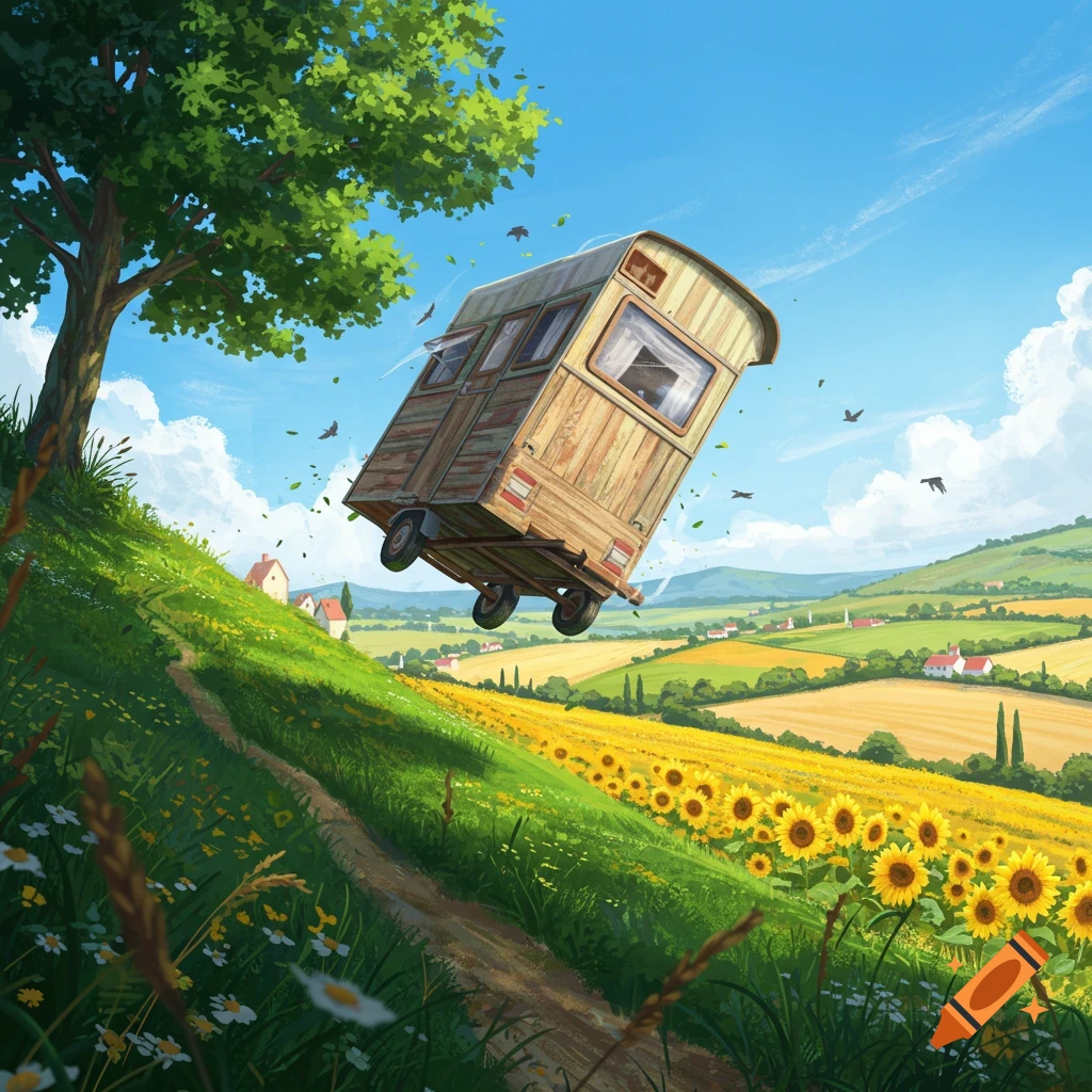 A wooden caravan tumbles down a grassy hill, past a large tree and a sunflower field, under a bright blue sky.