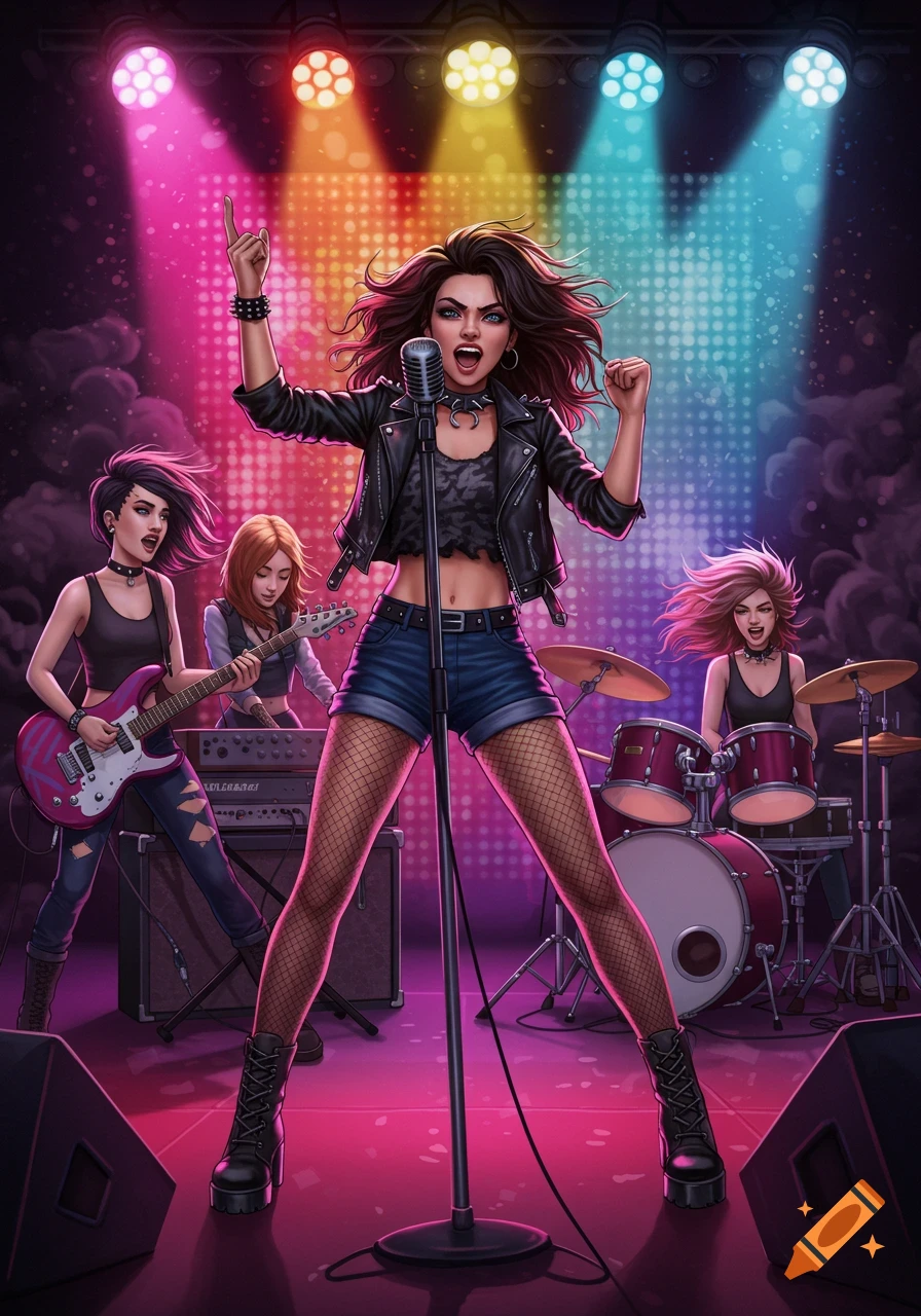 An animated rock band of four women performing on a brightly lit stage ...