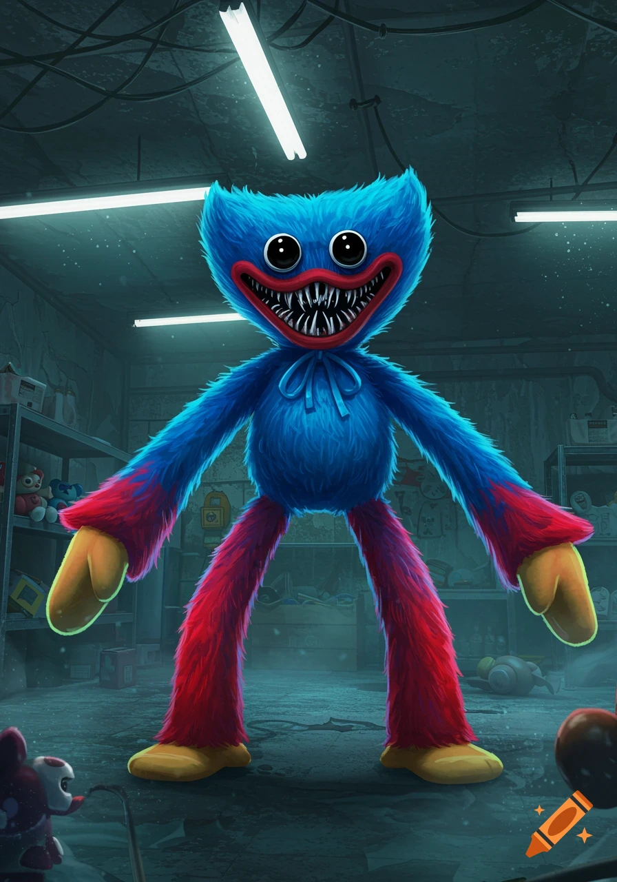 A blue and red furry monster with wide eyes and sharp teeth stands in a dark, abandoned factory.