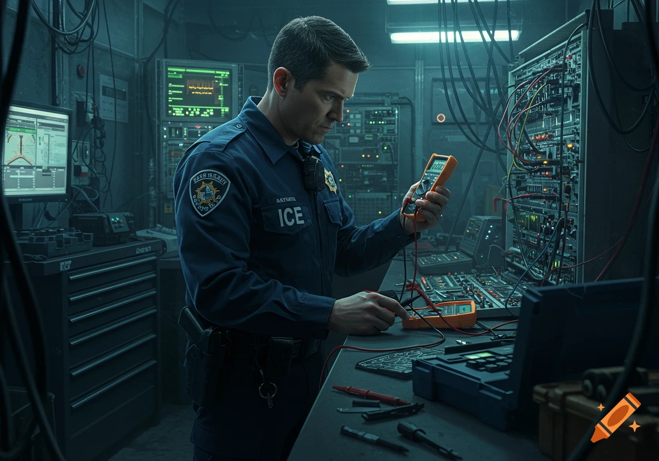 A male ICE agent in uniform uses a digital multimeter to work on electronic equipment in a server room.