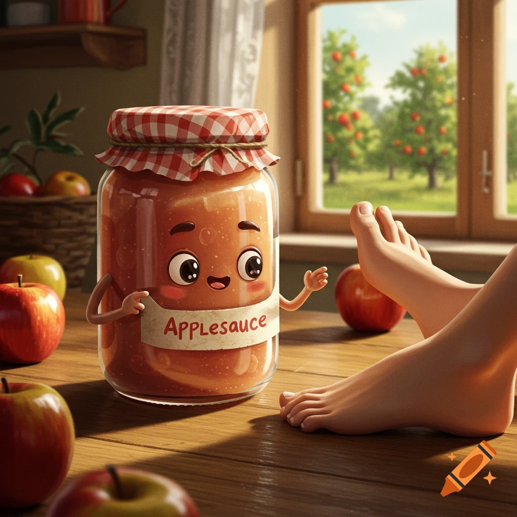 A whimsical cartoon applesauce jar smiles on a wooden table, surrounded by apples, near a pair of bare feet and an orchard view.