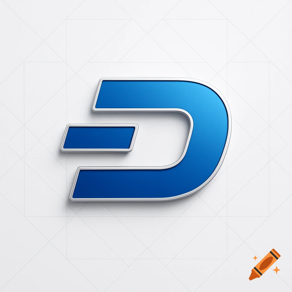 A blue and silver stylized letter D logo on a white background with a subtle grid pattern.