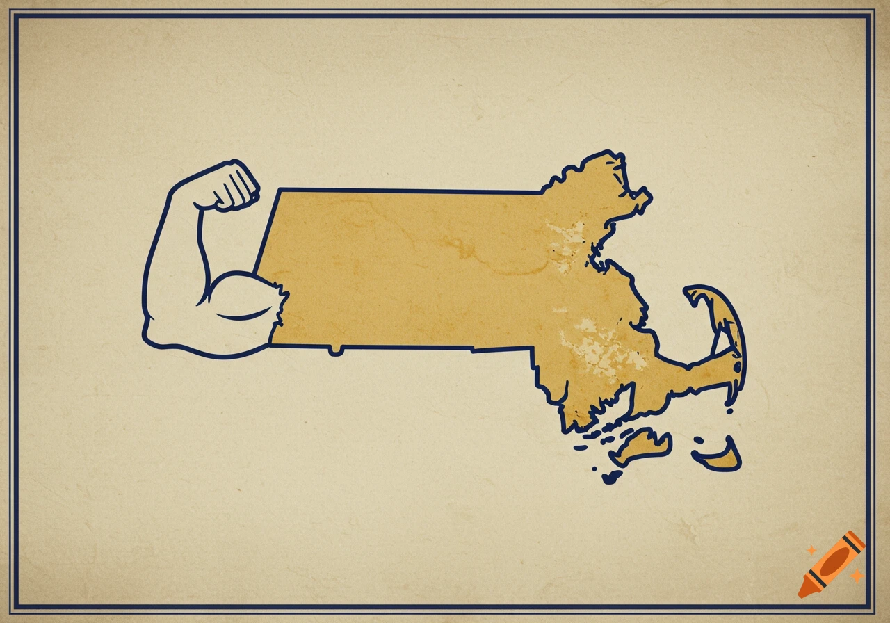 Stylized beige outline map of Massachusetts with the Cape Cod peninsula as a flexed bicep, on a textured off-white background.
