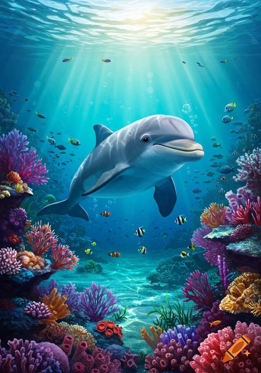 A cute dolphin swims in a vibrant underwater scene with colorful coral, schools of fish, and sun rays from the surface.