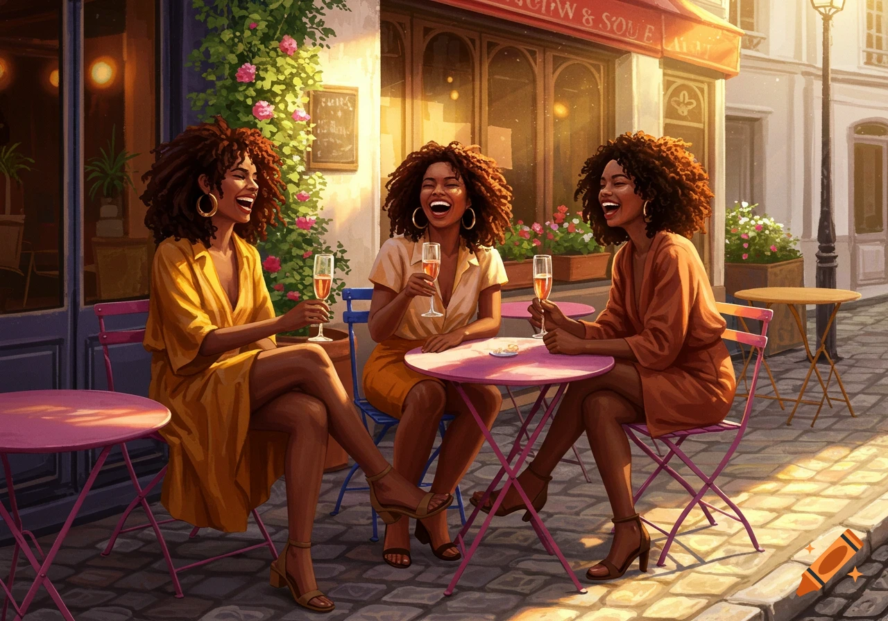 Three African American women laughing and toasting with drinks at a sunlit outdoor cafe in a digital painting style.