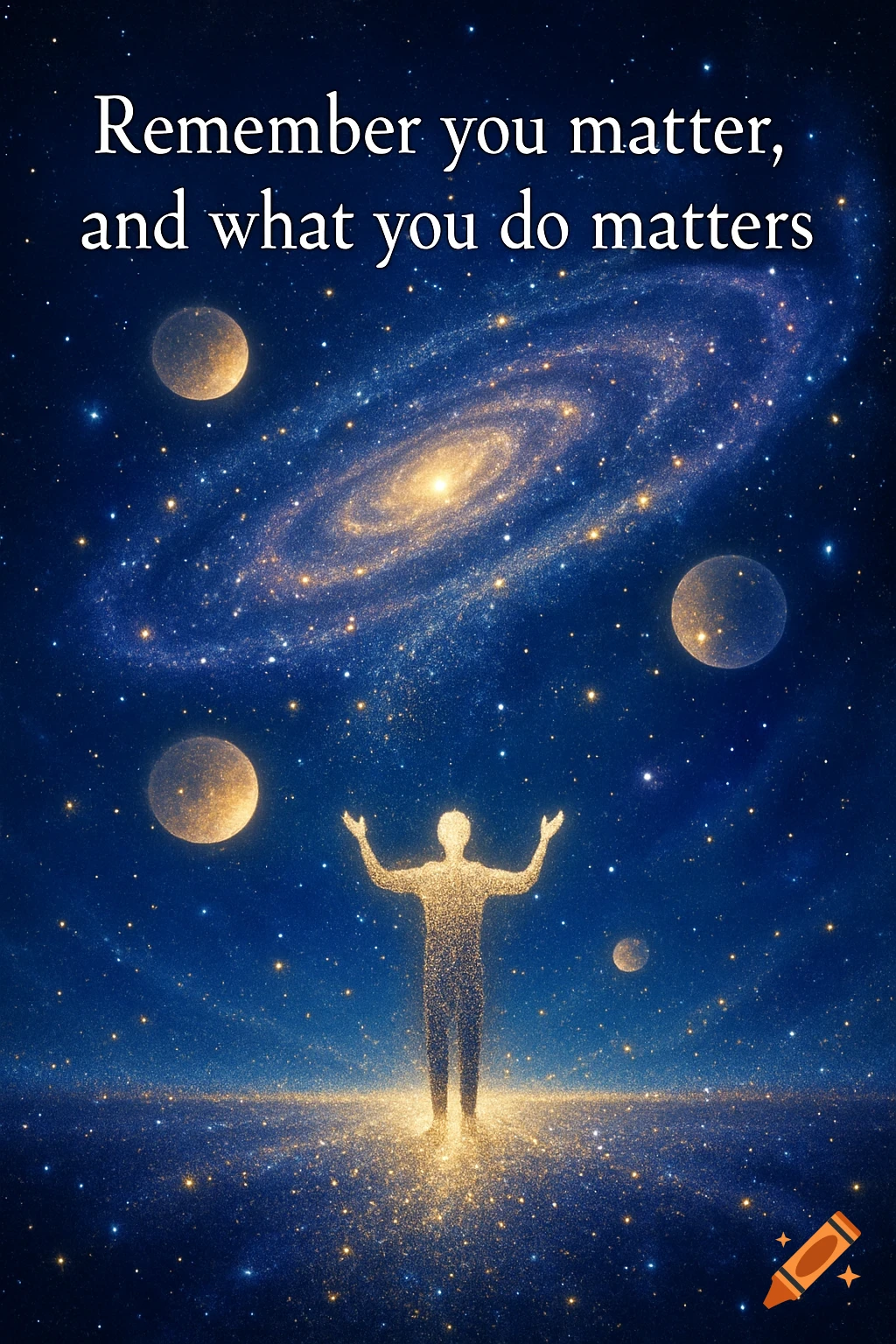 A golden silhouette of a person with arms outstretched stands in a shimmering starry cosmic landscape with planets and a galaxy. Text: "Remember you matter, and what you do matters" is at the top.