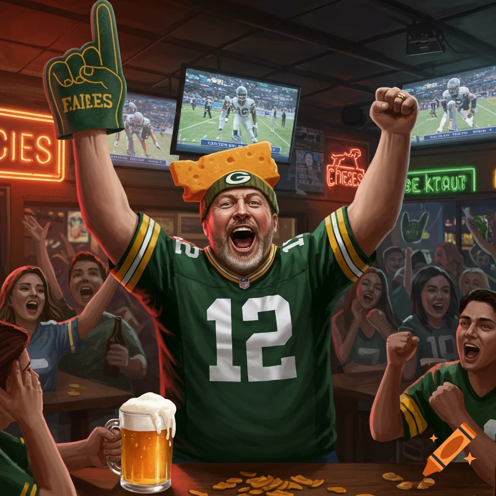 A jubilant Green Bay Packers fan with a cheesehead hat and foam finger cheers in a crowded bar, watching football.