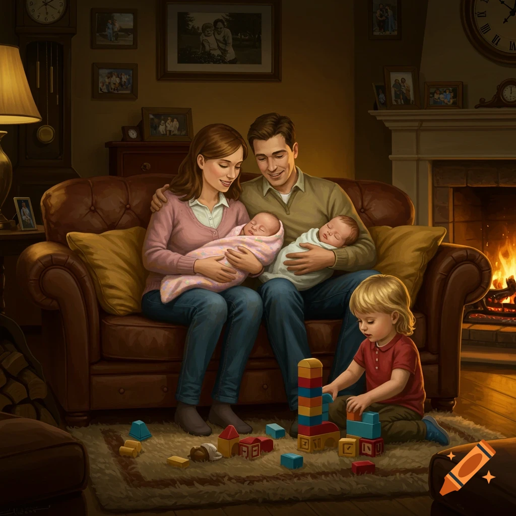 Parents on a couch hold two infants, while a toddler plays with blocks on the rug in a cozy living room by a fireplace.