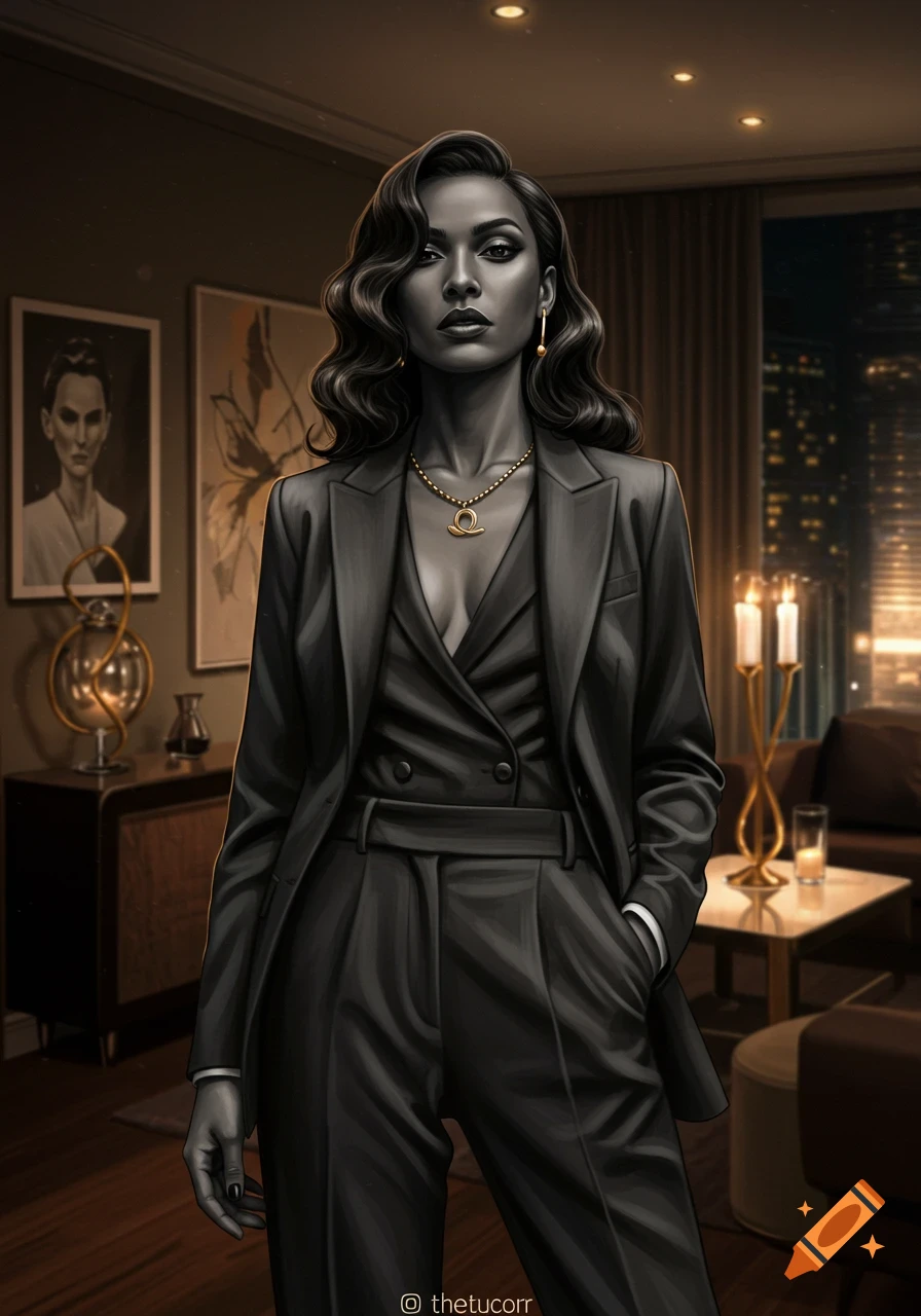 A stylish woman in a dark suit with wavy hair and a gold necklace stands in a dimly lit room.