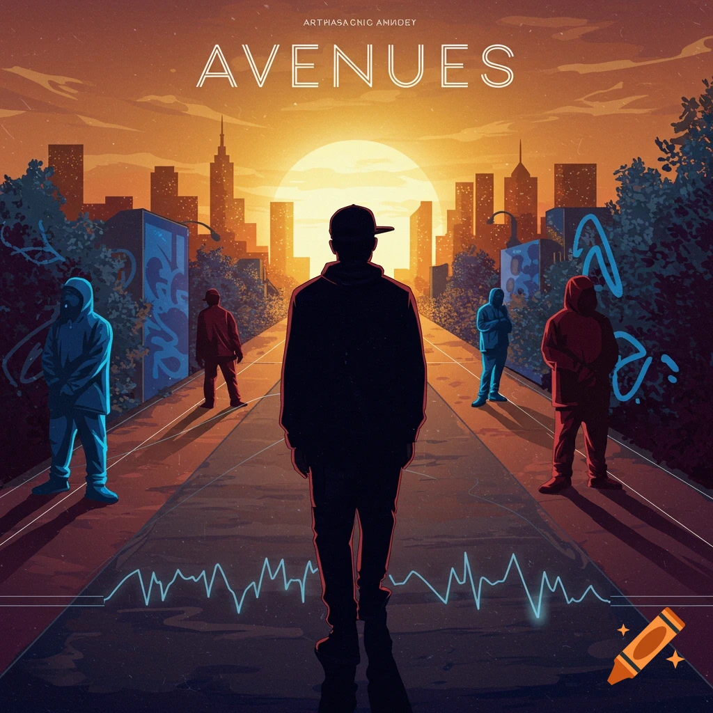 An album cover featuring a silhouette of a person on a street looking towards a city skyline at sunset, with other figures in the distance and a soundwave graphic on the ground. The title "AVENUES" is at the top.
