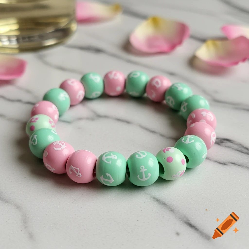A pink and mint green clay bead bracelet with anchor and polka dot patterns on a marble surface with rose petals.