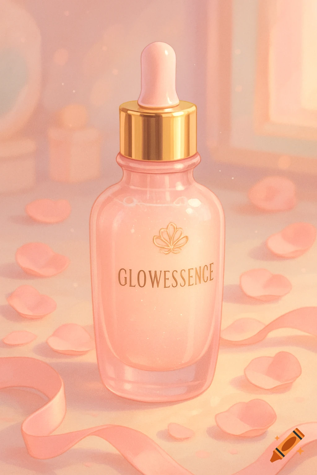 A pink skincare bottle with a gold cap and a dropper, labeled "GLOWESSENCE", surrounded by delicate pink rose petals and ribbons in a soft, glowing illustration style.
