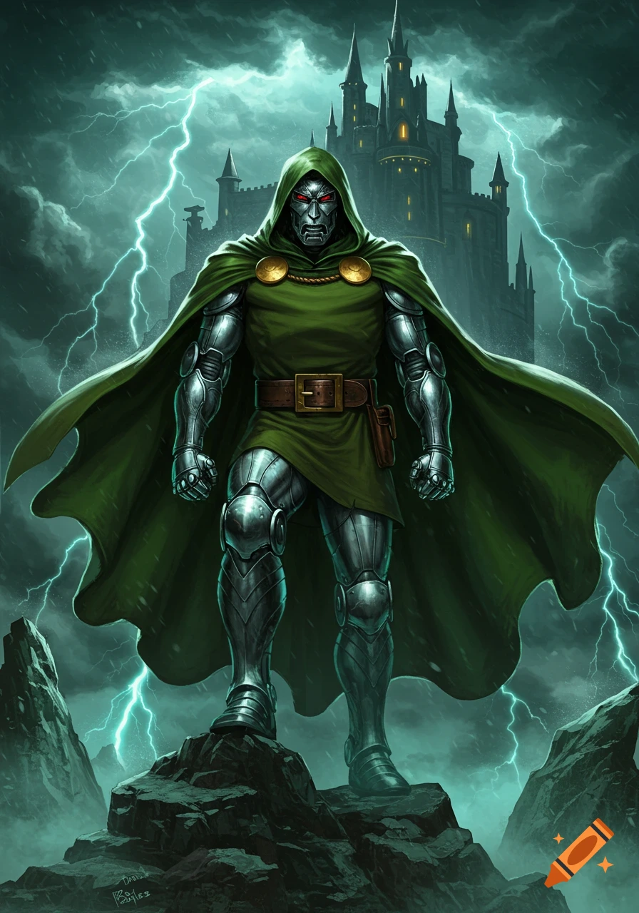 Dr. Doom in full armor and green cape stands on rocks under a stormy, lightning-filled sky with a castle behind him. Digital art.