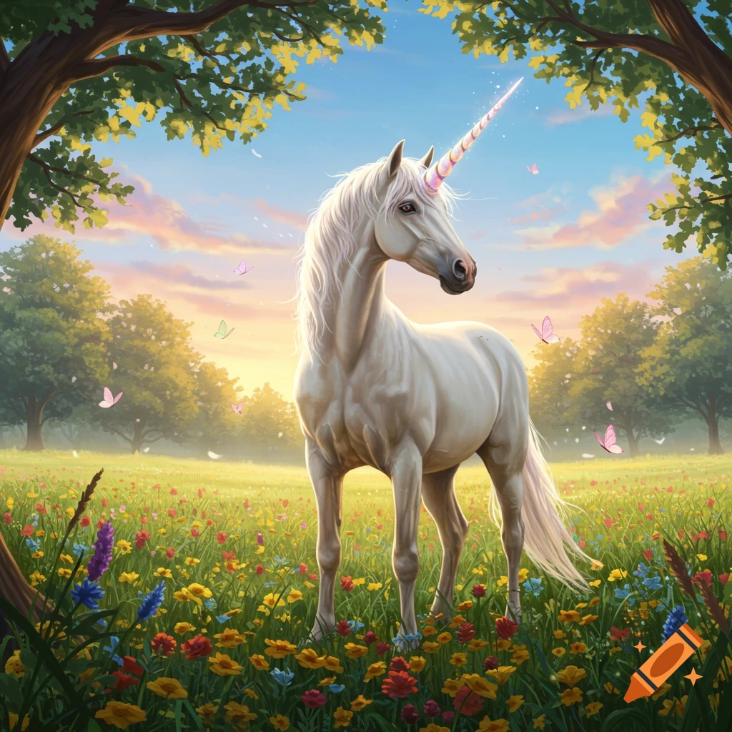 A white unicorn with a rainbow horn stands in a vibrant meadow filled with colorful wildflowers under a bright sky, framed by trees.