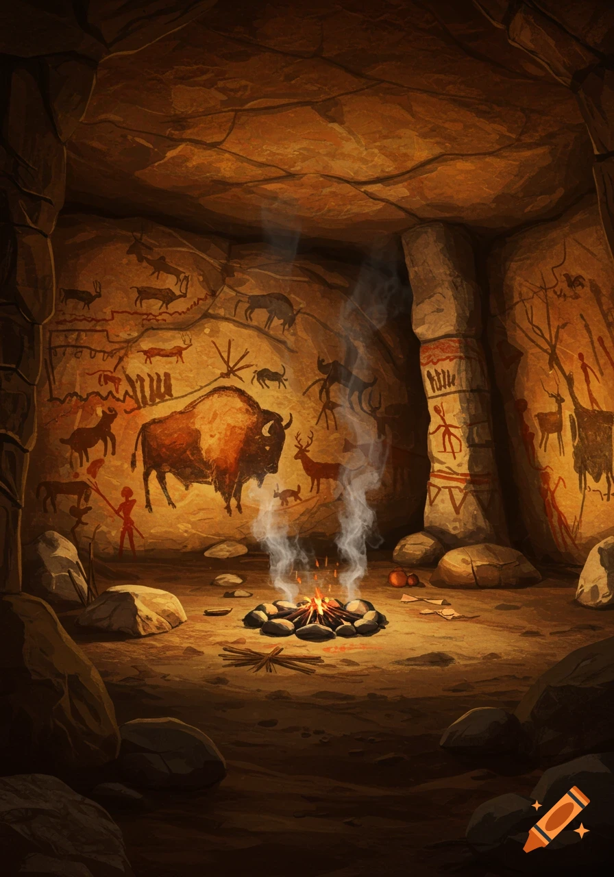 A dimly lit cave interior features ancient cave paintings of animals and stick figures on the walls, with a glowing campfire in the center.