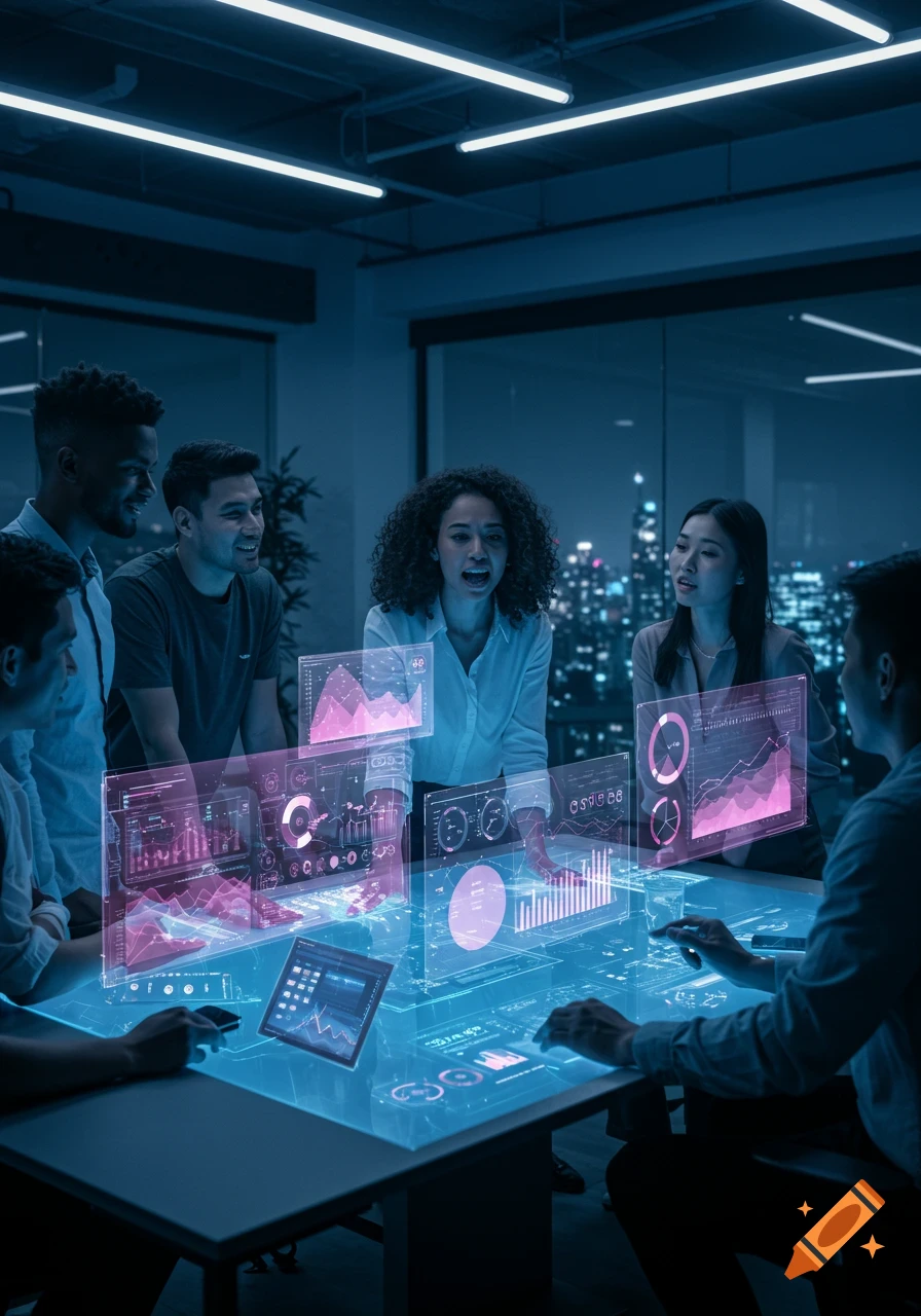 A diverse team of professionals interacts with glowing holographic data displays projected onto a table in a dark, futuristic office overlooking a city at night.
