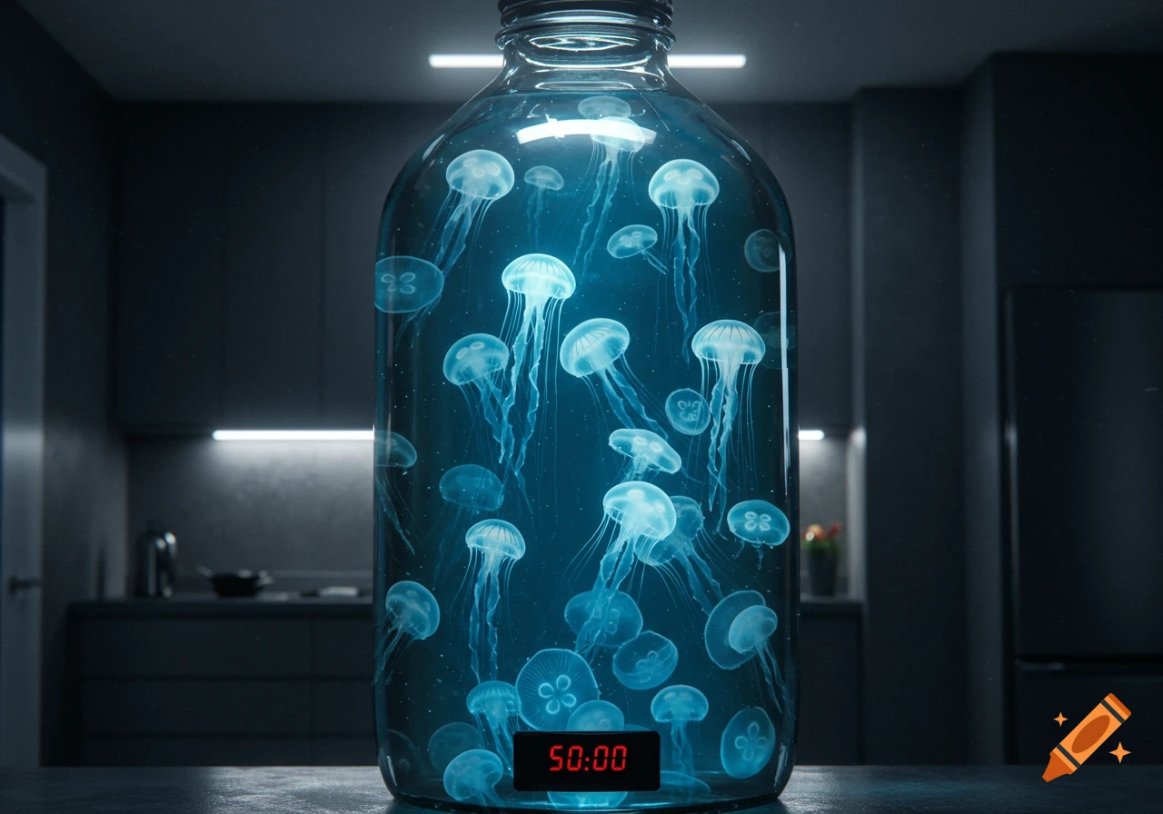 A large glass bottle filled with glowing blue jellyfish sits on a dark counter. A red digital display shows 50:00. Photorealistic.