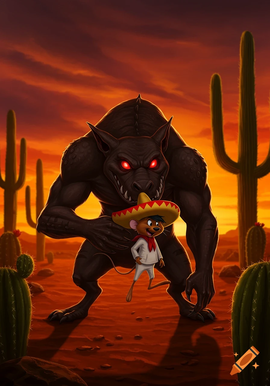 A dark Chupacabra with red eyes holds a smiling Speedy Gonzales in a sombrero in a desert at sunset.