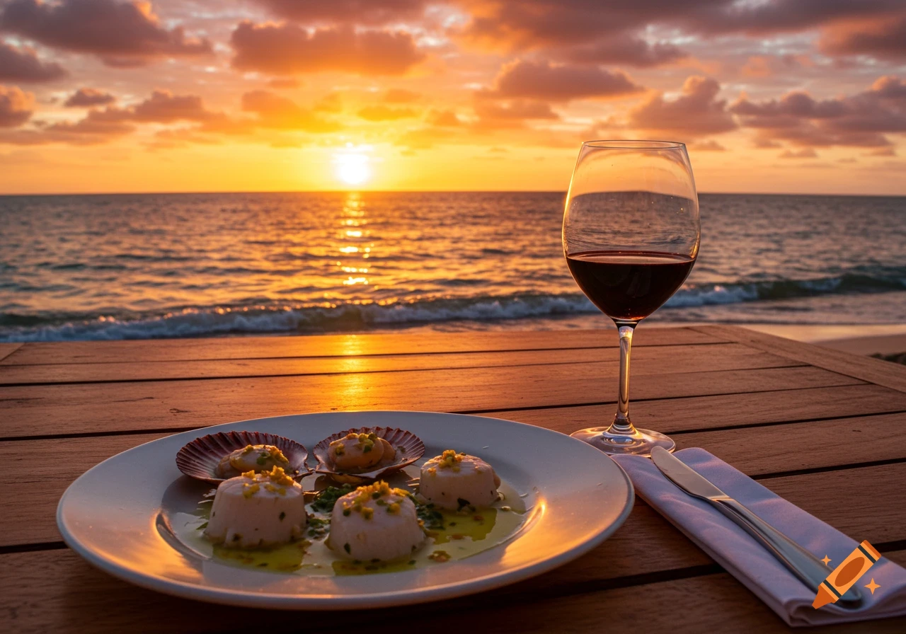 A plate of scallops and a glass of red wine on a wooden table overlooking the ocean at sunset.