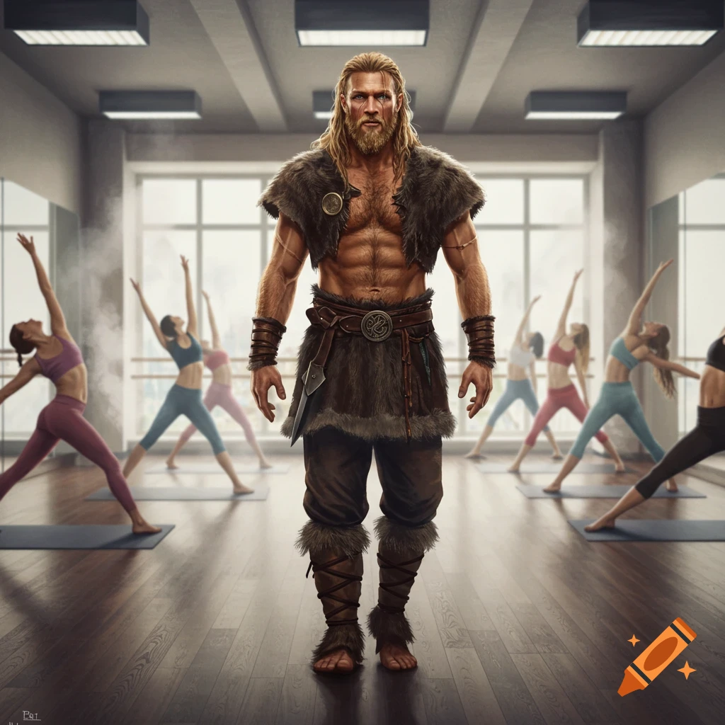 A muscular Viking warrior in fur clothing stands in a modern yoga studio with women doing yoga poses.