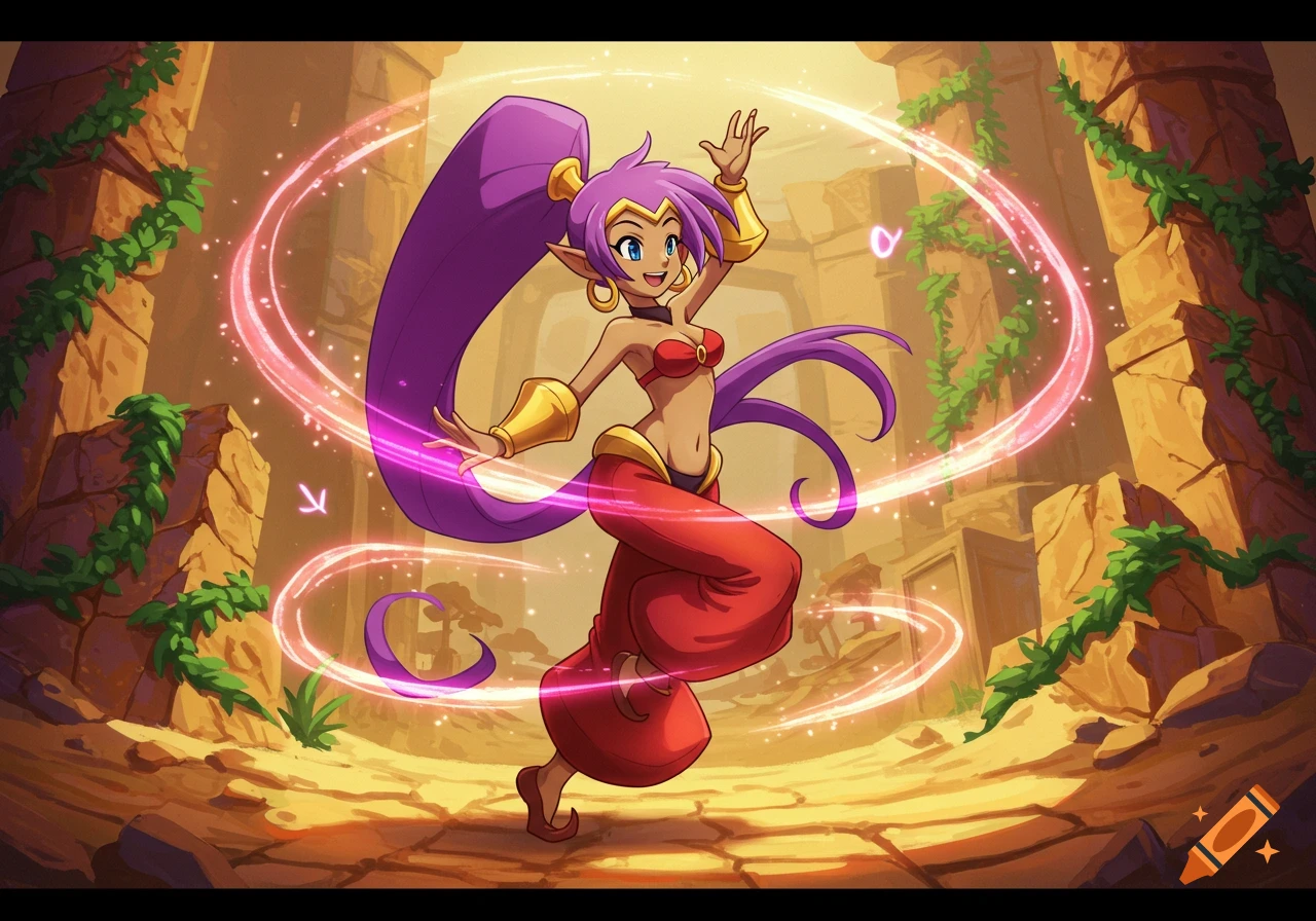 Anime-style female character, Shantae, with purple hair and red attire, dancing with pink magic in ancient ruins.