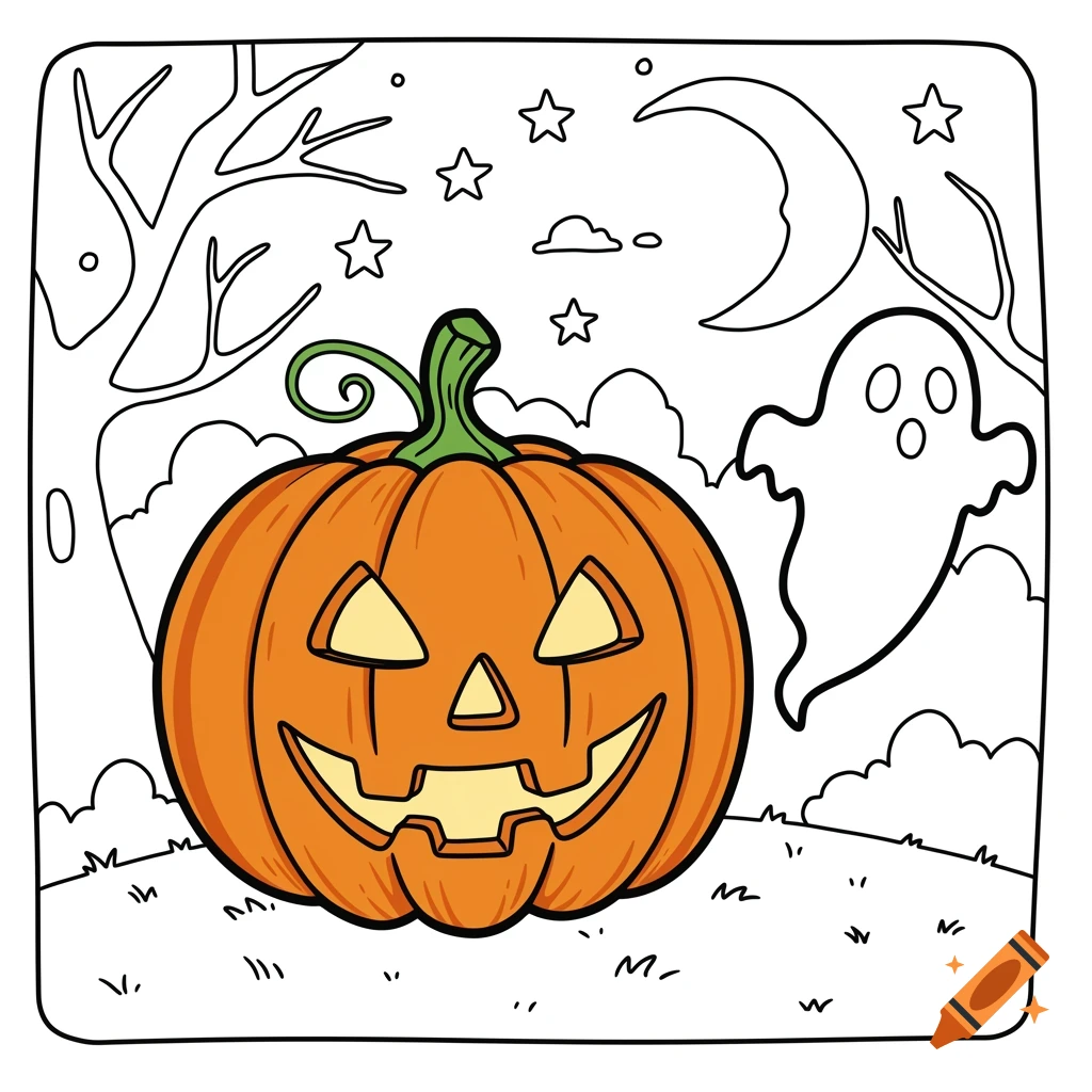 A Halloween-themed coloring book illustration of a jack-o'-lantern with a ghost, trees, moon, and stars, partially colored orange.