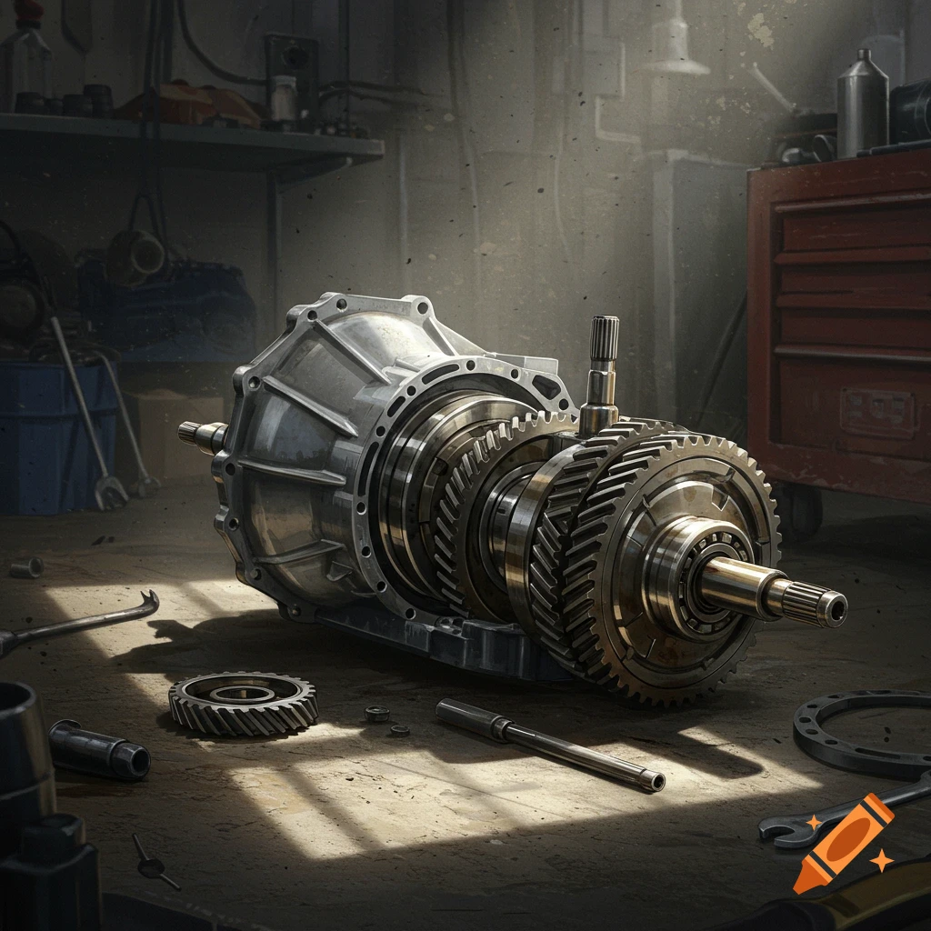 A disassembled metallic car transmission sits on a grimy concrete floor in a sunlit workshop, surrounded by tools.
