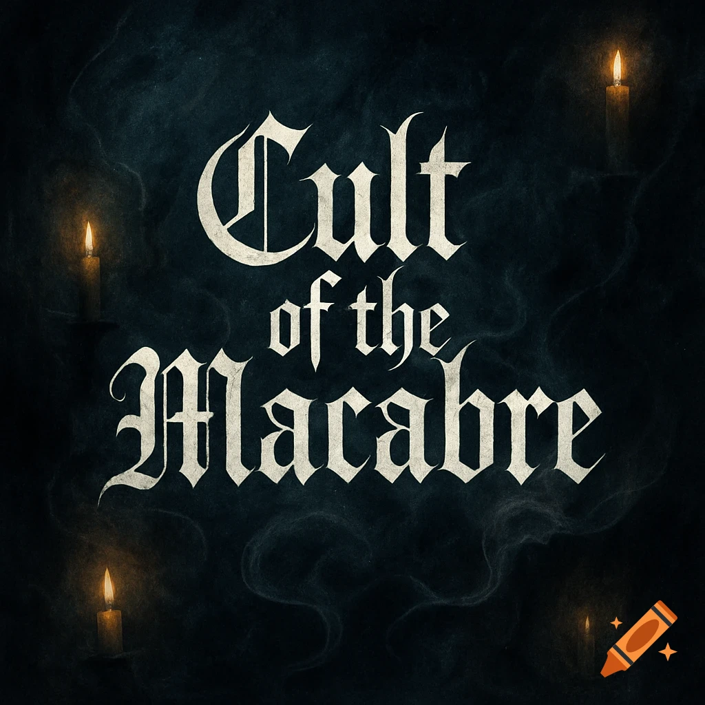 Gothic text "Cult of the Macabre" on a dark, smoky background with glowing candles.