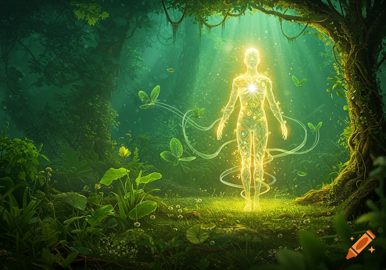 A glowing, ethereal human figure stands in a lush, sunlit green forest with light rays. Energy flows from the figure, surrounded by glowing butterflies.