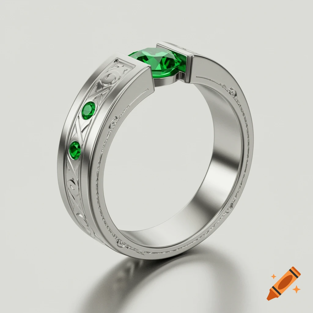 Photorealistic close-up of a silver ring featuring a large emerald and two smaller emeralds, with ornate carved patterns on the band.