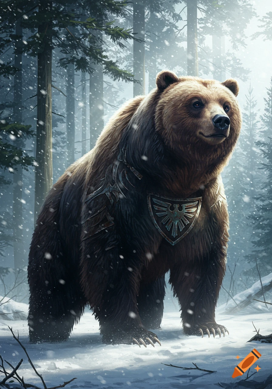 A majestic brown bear wearing ornate chest armor with a shield emblem stands in a snowy forest as snow falls around it.