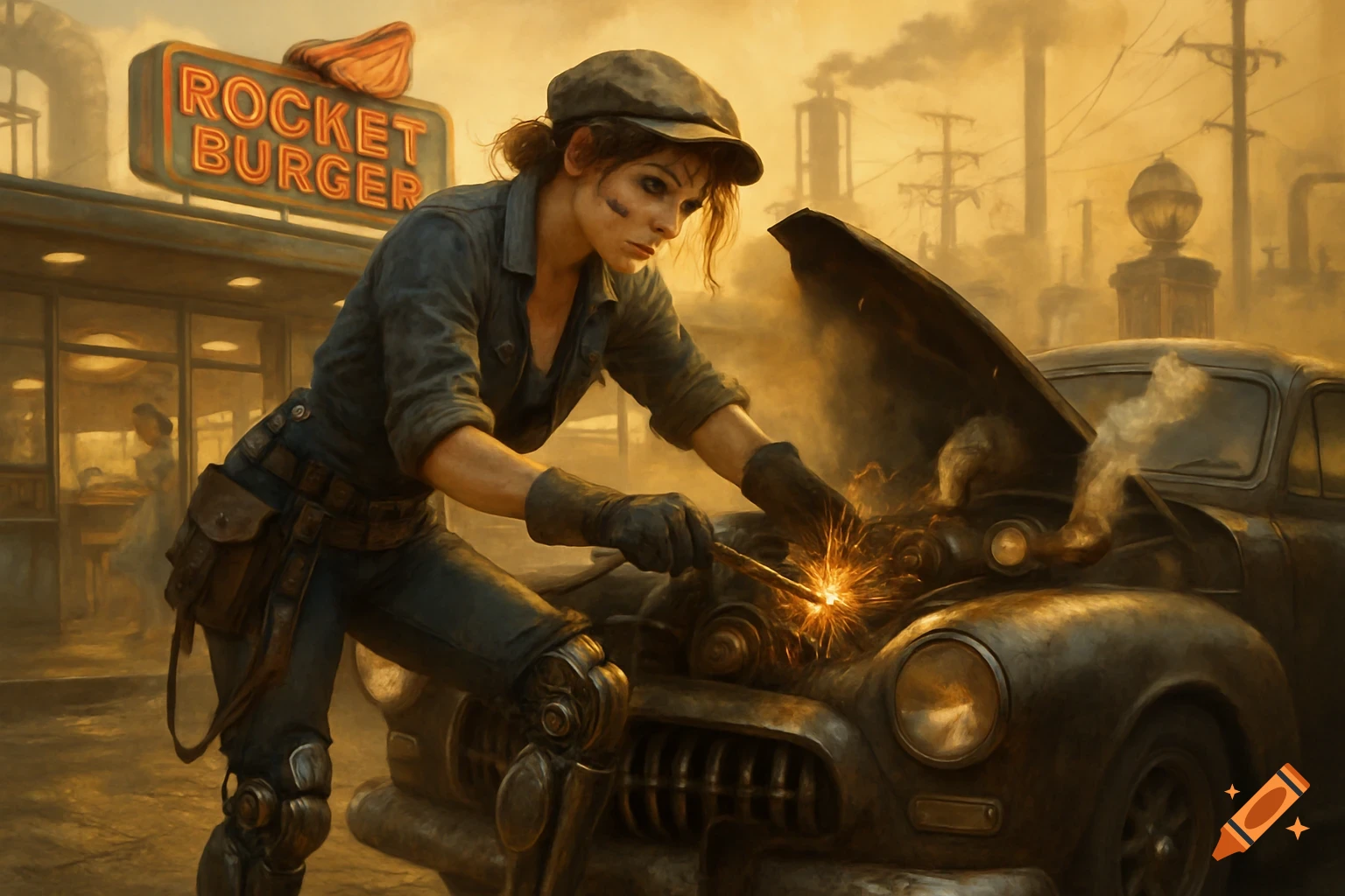 A female mechanic in a cap and gloves works on a car engine, with sparks flying, outside a "Rocket Burger" diner in a retro, industrial setting.
