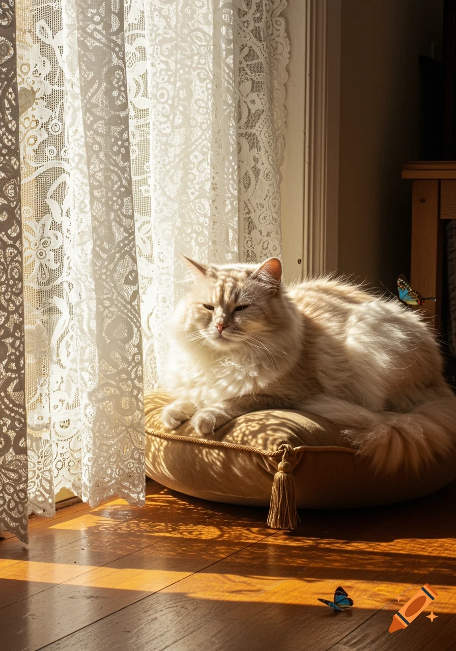 A fluffy cat rests on a cushion in a bright sunbeam next to a lace curtain, with small butterflies on the floor and nearby.