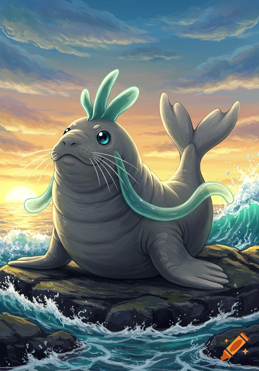 A stylized creature resembling an elephant seal with green fins on its head, sitting on a rock by the ocean at sunset.