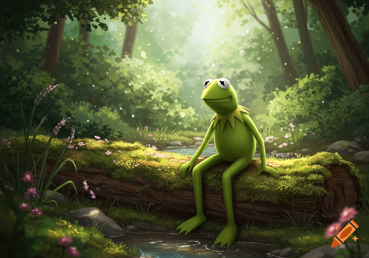 Kermit the Frog sits on a mossy log by a stream in a sun-dappled forest, digital illustration.